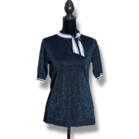 Anthropologie NUMPH Sparkly Navy with White Accents Short Sleeve Tie Collar Top - Picture 6 of 16
